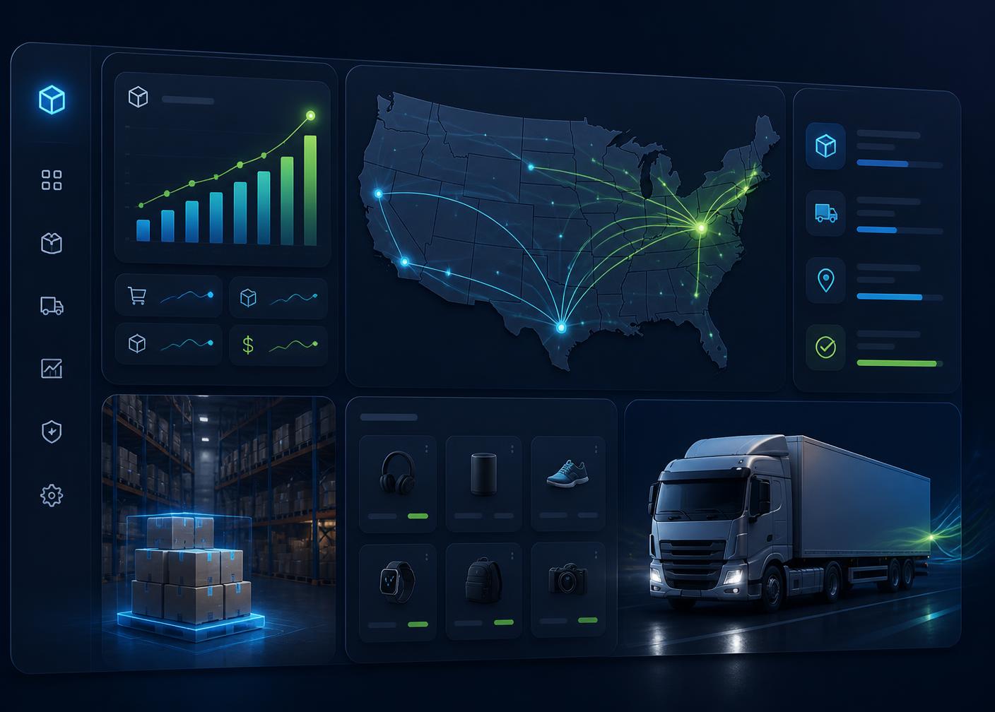 Vibeo Launch BD warehouse dashboard showing US shipping routes, live order analytics, and same-day fulfillment